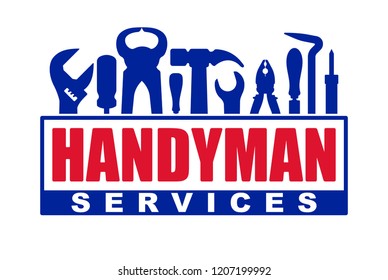 Handyman services vector design for your logo or emblem with red caption and set of blue workers tools. There are wrench, screwdriver, hammer, pliers, soldering iron, scrap.