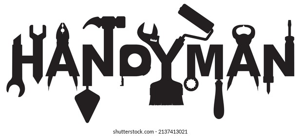 Handyman bietet Vektordesign für Ihr Logo oder Emblem mit einer Reihe von Werkzeugen. Es gibt Schraubenschlüssel, Hammer, Zangen, Lötbügeleisen, Schrott.