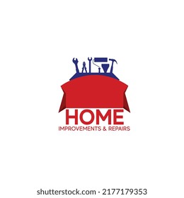 Handyman services vector design for your logo or emblem with red banner and set of workers tools.