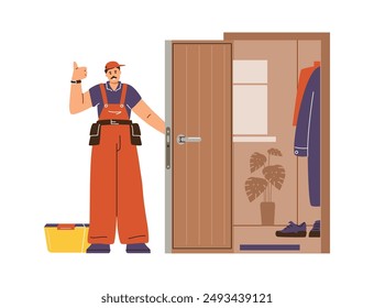 Servicios de mantenimiento. Ilustración vectorial de un reparador de cerrajeros con herramientas para abrir una puerta. Reparación, mantenimiento e instalación de puertas. Estilo plano sobre fondo aislado.