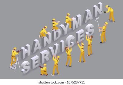 Handyman Services. Workers install isometric letters. Team of Builders. Vector.