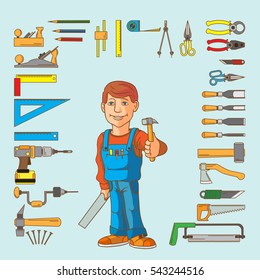 Handyman and set of hand tools for productive work. Vector illustration.
