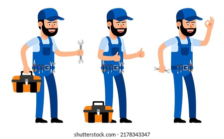 Handyman showing thumbs up. Repair Man shows ok gesture. Satisfied worker mechanic cartoon character. Vector illustration