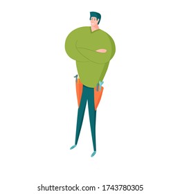 Handyman standing confident with tools belt and arms crossed. Vector illustration for construction company website or leaflet.