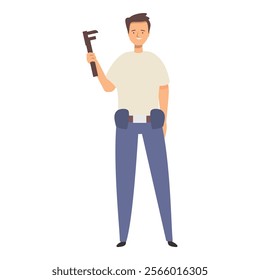 Handyman is standing and holding an adjustable wrench