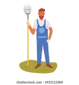 Handyman standing with rake isolated on white background. Young gardener in uniform and gloves. Colored flat vector illustration of man with garden tool at seasonal outdoor work