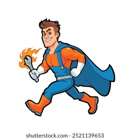 Handyman Superhero Running and carrying a wrench Mascot