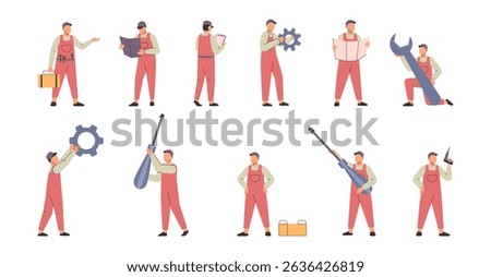 Handyman or technician with tools and instruments for fixing problems. Vector in flat style, isolated set of specialists, servicemen with screwdrivers and gears, wrenches and toolkit, analyzing issues