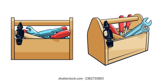 Cuadro de herramientas Handyman - ilustración vectorial en estilo retro. Caja de herramientas con herramientas de mano.