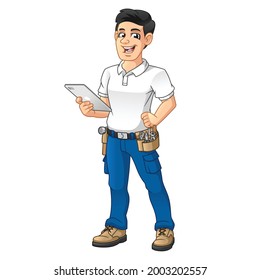 Handyman with a Tool Equipment Belt Holding Tablet, People at Work, Vector Character Illustration, Cartoon Mascot Logo in Isolated White Background.