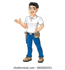 Handyman with a Tool Equipment Belt Present Welcome Hands, People at Work, Vector Character Illustration, Cartoon Mascot Logo in Isolated White Background.