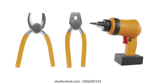 Handyman tools 3d icons vector clipart. Construction worker tools illustration template.