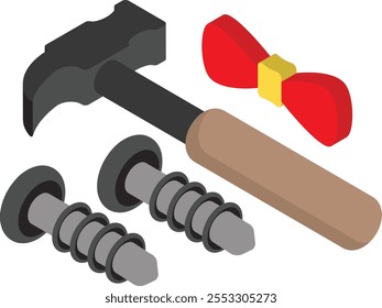 Handyman Tools with Bow isometric Concept, hammer with nail and necktie for industrial Dad Vector Icon, Happy Fathers Day Symbol, Dads Gift Elements Sign, Parents Day Stock illustration