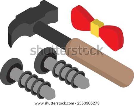 Handyman Tools with Bow isometric Concept, hammer with nail and necktie for industrial Dad Vector Icon, Happy Fathers Day Symbol, Dads Gift Elements Sign, Parents Day Stock illustration