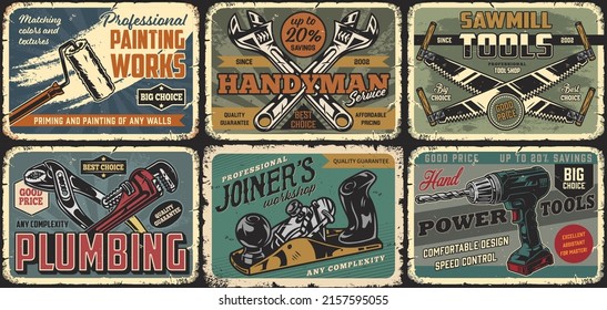 Handyman tools colorful vintage postal stamps set with inscriptions, paint roller, jack-plane, cordless driver, crossed wrenches, two-man saws, joint pliers and pipe wrench, vector illustration