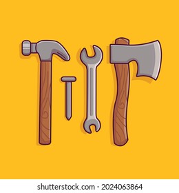 handyman tools icon, pliers, nails, axe, hammer.