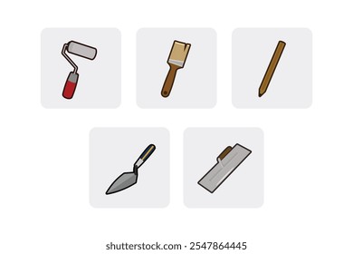 Handyman Tools icon set - paint roller brush, paint brush, carpenter pencil, pointing pliers, finishing trowel