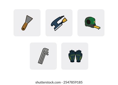 Handyman Tools ícone set - Faca Putty, máquina lixadeira, medida de fita, chave Allen, luvas de carpinteiro