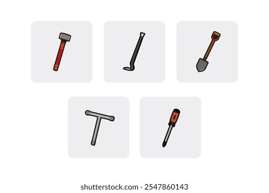 Handyman Tools icon set - sledgehammer, crowbar, shovel, socket wrench, plus screwdriver