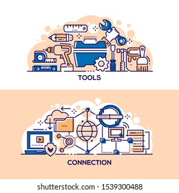 Handyman tools and internet connection banner template. Repairman equipment and information network symbols thin line illustrations. Maintenance service, modern online technology, cloud computing