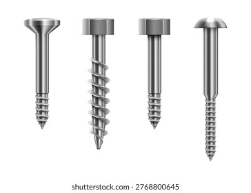 Handyman tools, isolated set of metal stainless steel screws or nails. Vector in realistic style, tightening or connection for construction and repairing. Maintenance and woodworking, carpentry