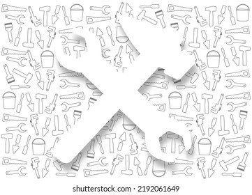 Patrón de herramientas de mano. Elementos y antecedentes del sitio web corporativo. Gráficos vectoriales para la reparación, fontanería, herramientas de renovación en el estilo de línea de moda.  Martillo blanco y llave con sombra. EPS10.