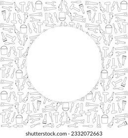 Handyman Tools pattern. Corporate web site elements and background. Vector graphics for fixing, plumbing, renovation tools in trendy line style.  White  circle text space  with shadow. EPS10.