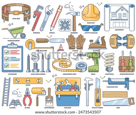 Handyman tools and professional repair work equipment outline collection set. Labeled elements with home renovation contractor, maintenance or construction task accessories vector illustration.