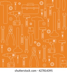Handyman Tools seamless pattern. Corporate web site elements & background. Vector graphics for fixing, plumbing, renovation tools in trendy line style. Tool icons. Sample text. Editable