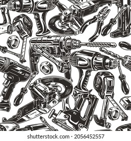 Handyman tools vintage seamless pattern with electric drills nailer industrial stapler dryer tape measure angle grinder machine pliers hammer adjustable wrench screwdriver vector illustration