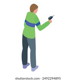 Handyman está usando un taladro eléctrico en esta ilustración isométrica