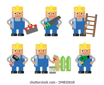 Handyman with various objects and situations