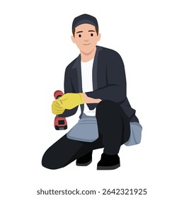 Homem de mão usando luvas e um boné ajoelha-se segurando furadeira vermelha, reparação ou tarefa de construção. Ilustração de vetor plano isolada no plano de fundo branco