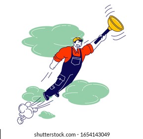 Handyman Wearing Helmet and Working Overalls Hold Huge Plunger in Hand Flying like Super Hero in Sky to Help People with Household Duties and Broken Technique. Cartoon Vector Illustration Line Art