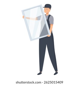 Handyman wearing uniform holding big window glass pane installing or repairing window