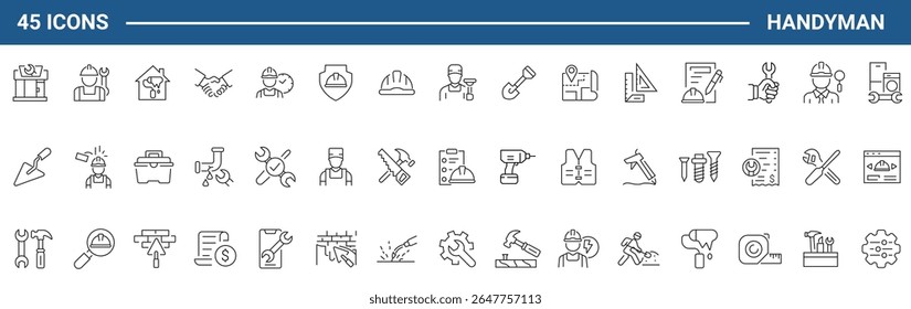Handyman Web Icons Set en estilo de línea o esquema relacionado con Handyman. Iconos para el Web y el App móvil. Colección de iconos lineales. Trazo editable. Ilustración vectorial.