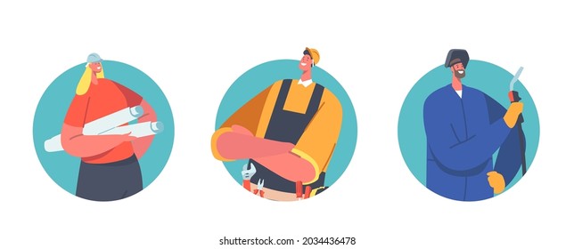 Handyman, Welder and Architect, Engineer or Foreman Characters with Tools and Blueprint Rolls. Professional Industrial Workers Team, Constructors in Safety Helmets. Cartoon People Vector Illustration