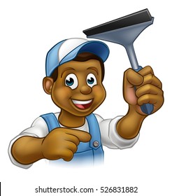 A handyman window cleaner cartoon character holding a squeegee and pointing