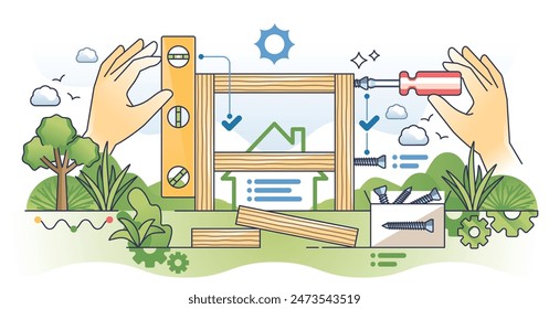 Handyman work with carpentry construction service outline hands concept. Precise job with level instrument measurement, screws, nails and tools required for technical wood work vector illustration.