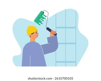 Handyman at work, painting interior wall. Design character. Vector flat illustration