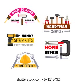 Handyman work tools icons set for home repair service or company. Vector isolated handy toolbox of house fix instruments, paint brush, screwdriver or wrench, trowel or safety helmet and hammer or vise