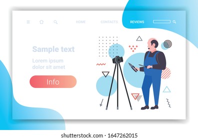 handyman worker with screwdriver and cutting pliers blogger recording online video with digital camera on tripod social network blogging concept full length horizontal copy space vector illustration