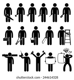 Handyman Worker Using DIY Work Tools Stick Figure Pictogram Icons