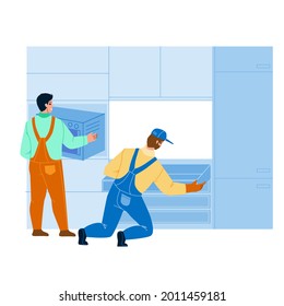 Handyman Workers Install Kitchen Furniture Vector. Professional Serviceman Installing Kitchen Cabinets, Assembling Process. Characters Renovation Occupation Flat Cartoon Illustration