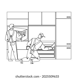 Handyman Workers Install Kitchen Furniture Black Line Pencil Drawing Vector. Professional Serviceman Installing Kitchen Cabinets, Assembling Process. Characters Renovation Occupation Illustration