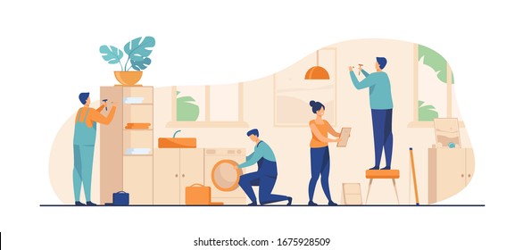 Handyman working at customer home. Repair man fixing washing machine, hammering nails. Vector illustration for housekeeping, household, service concept