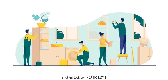 Handyman working at customer home. Repair man fixing washing machine, hammering nails. Vector illustration for housekeeping, household, service concept