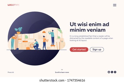 Handyman working at customer home. Repair man fixing washing machine, hammering nails. Vector illustration for housekeeping, household, service concept
