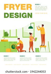 Handyman working at customer home. Repair man fixing washing machine, hammering nails. Vector illustration for housekeeping, household, service concept