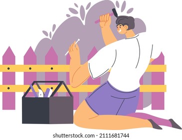 Handyman working on fixing wooden fence, male character with instruments and tool kit box for mending and repairing broken parts. Worker on construction site, do it yourself. Vector in flat style